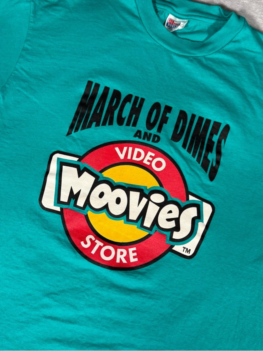 Vintage Moovies Video Store March Of Dimes T Shirt Mens XL Teal Green 1997 90s